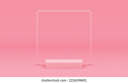 Pedestal squared stage with frame showcase for product presentation 3d realistic vector illustration. Podium geometric construction basic foundation ceremony award arena empty display design