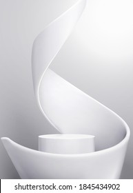 Pedestal stand with swirl flow on white background. 3d illustration product showcase stage.