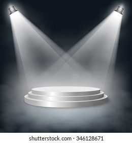 Pedestal with steps lit two lights in the fog. Vector EPS10