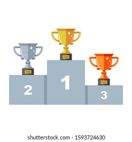 pedestal with three cups. gold, silver and bronze. award ceremony. flat windy illustration.