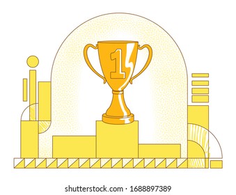Pedestal con ilustración portadora de silueta plana trofeo. Victoria del campeonato, composición del torneo de torneo en color amarillo. Primer premio, goblet dorado dibujo estilo simple