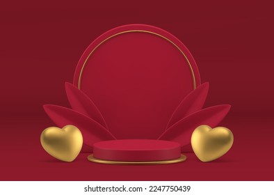Pedestal Valentine's Day event award arena red cylinder display premium 3d design realistic vector illustration. Romantic stage festive congratulations golden heart with spring leaves element