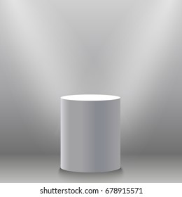 Pedestal, pódio 3D vazio branco e ilustração de vetor holofotes. Local para a exposição. Vetor EPS10