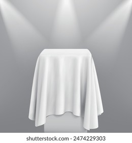 A pedestal with a white fabric is illuminated with light from spotlights. Vector illustration