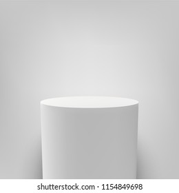 Pedestal or white round podium stand. Vector museum round column or pillar pedestal 3D realistic isolated mockup