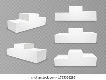 Pedestal for winners with empty steps. Podium for an award ceremony, stand for contest winners and champions. 3d platform isolated on a transparent background. Vector illustration.