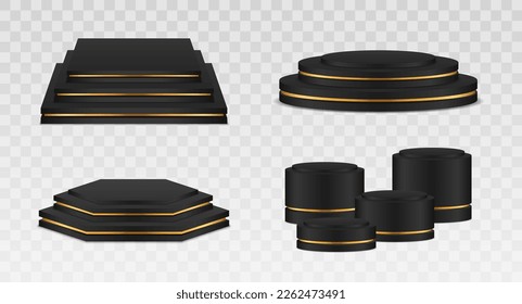 Pedestal for winners. Pedestal and platform, stand stage, cylinder. Round and square, polygonal empty stages.