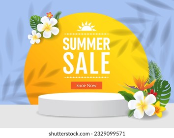 Pedestal With Yellow ball And Tropical Leaves Sale Banner With Gradient Mesh, Vector Illustration