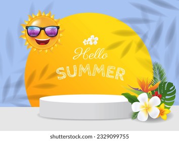 Pedestal With Yellow ball And Tropical Leaves And Sun Banner With Gradient Mesh, Vector Illustration