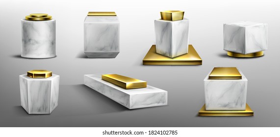 Pedestals from marble and gold for display product, exhibit or trophy. Vector realistic set of empty modern podiums different shapes, stone and golden platforms for showcase, museum or exposition