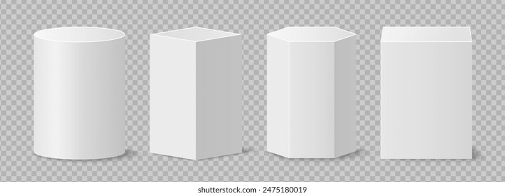 Pedestals or podium, abstract geometric empty museum scenes, exhibits for award ceremony or product presentation. Gallery platform, geometric empty product stands, realistic 3d vector set