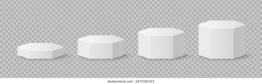 Pedestals or podium, abstract geometric empty museum scenes, exhibits for award ceremony or product presentation. Gallery platform, geometric empty product stands, realistic 3d vector set