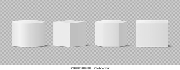 Pedestals or podium, abstract geometric empty museum scenes, exhibits for award ceremony or product presentation. Gallery platform, geometric empty product stands, realistic 3d vector set