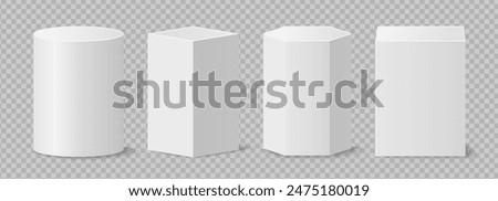 Pedestals or podium, abstract geometric empty museum scenes, exhibits for award ceremony or product presentation. Gallery platform, geometric empty product stands, realistic 3d vector set