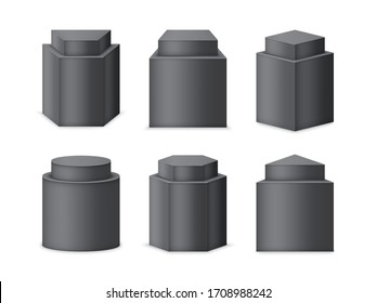 Pedestals set. 3d realistic podiums or stands. Different geometric shapes such as cube, prism or cylinder. Vector illustration.
