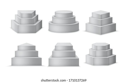 Pedestals set. 3d realistic podiums or stands. Different geometric shapes such as cube, prism or cylinder. Vector illustration.
