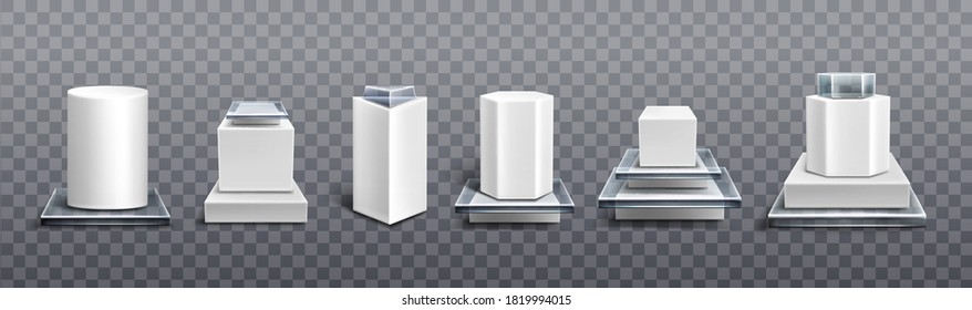 Pedestals from white plastic and glass for display product, exhibit or trophy. Vector realistic set of empty modern podiums different shapes, platforms for showcase, museum or exposition