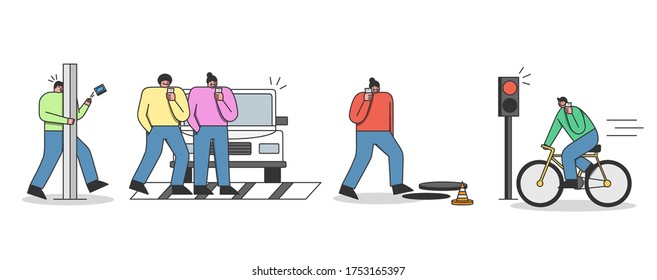 Pedestrian Accidents Set. Group Of Cartoons With Mobile Phones In Danger While Walking, Riding Bicycle Or Crossing Road Ignore Warning Signs And Traffic Rules. Carelessness On Road Vector Illustration