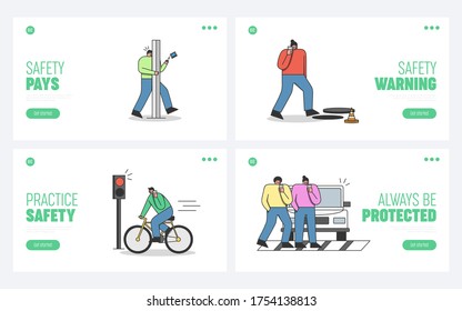 Pedestrian accidents with using mobile phones set of template landing pages. Characters with using or talking on smartphone while walking, riding bicycle or crossing road. Vector illustration