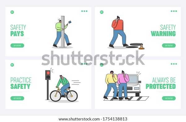 Pedestrian accidents with using mobile\
phones set of template landing pages. Characters with using or\
talking on smartphone while walking, riding bicycle or crossing\
road. Vector\
illustration