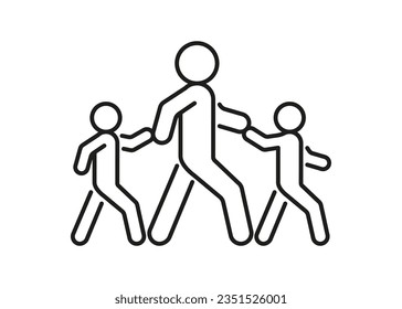 Pedestrian adult person and children walk, escort hold hand, line icon. Safely cross road and walk symbol. Vector outline illustration