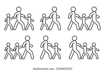 Pedestrian adult person and children walk, escort hold hand, line icon set. Safely cross road and walk symbol. Vector outline illustration