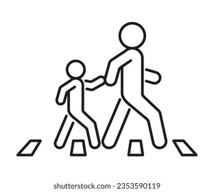 Pedestrian adult persons and child at crossroad, family on road, line icon. Safely cross road and walk symbol. Vector outline illustration