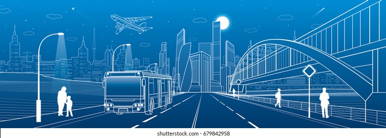 Pedestrian arch bridge. Bus rides on highway. City infrastructure, modern town in background, industrial architecture. People walking. Airplane fly. White lines, night scene, vector design art 