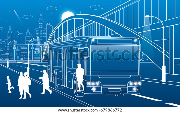 Pedestrian arch bridge. People get off
the bus. City infrastructure, modern town in background. People
walking. White lines, night scene, vector design art
