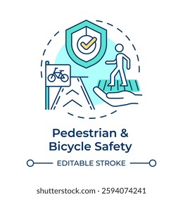 Pedestrian and bicycle safety multi color concept icon. Secure environment for non motorized road users. Round shape line illustration. Abstract idea. Graphic design. Easy to use in booklet