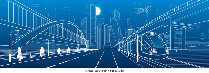 Pedestrian bridge across the highway. People walking. Road overpass. Train rides. Urban infrastructure, modern city on background, industrial architecture. White lines illustration, vector design art 