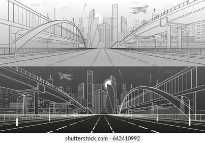 Pedestrian Bridge Across The Highway. Road Overpass. Infrastructure, Modern City On Background, Industrial Architecture. White And Black Lines Illustration, Urban Scene, Vector Design Art 