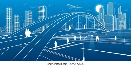 Pedestrian bridge over the highway. People walking on city street. Modern night town. Infrastructure illustration, urban scene. White lines on blue background. Vector design art 