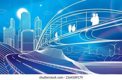 Puente peatonal sobre la carretera. Gente caminando por las calles de la ciudad. Ciudad nocturna moderna. Ilustración de infraestructura, escena urbana. Líneas blancas sobre fondo azul neón. Arte de diseño de vectores 