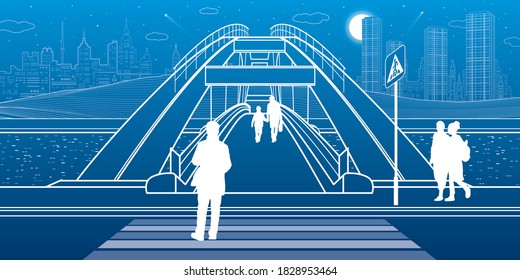 Pedestrian bridge over the river. Night city at background. Infrastructure illustration. Vector design art