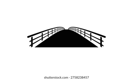 Pedestrian bridge with railings perspective view, urban walkway crossing structure, minimal black silhouette vector illustration