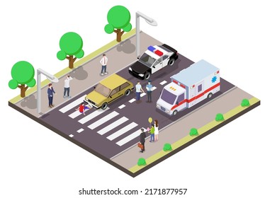 Pedestrian And Car Accident 3d Vector Illustration. Street Crosswalk Traffic Rules Breaking And City Road Safety Concept. Danger Situation. Urban Scene With Isometric People