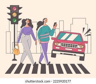 Pedestrian car accident danger crosswalk abstract concept. Vector graphic design illustration element
