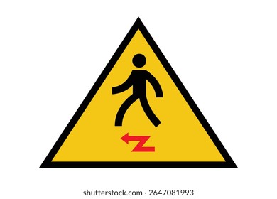 Sinal de cuidado de pedestre com seta em ziguezague - Aviso de perigo de caminhada triangular amarelo - Imagem vetorial de alta qualidade