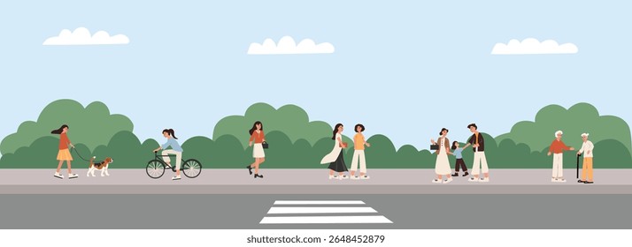 Pedestrian at the city. People walking in the morning. People jogging. Sunny day. People cycling. Doing sports. City crosswalk. Physical activity. Elderly people walking.