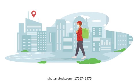 A pedestrian courier carries a parcel around the city in a medical mask. Safe delivery isolated vector illustration.