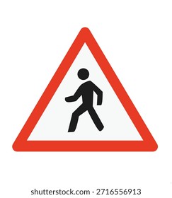 A Pedestrian Crossing Ahead warning road sign with a pedestrian symbol. Alerts drivers to a pedestrian crossing or pedestrian activity ahead.