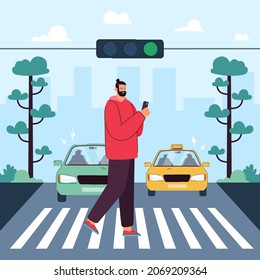 Pedestrian Crossing Crosswalk On Road At Green Traffic Light. Man Walking On Zebra, Holding Mobile Phone Flat Vector Illustration. Safety On Street, Accident, Compliance With Traffic Rules Concept