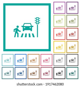 Pedestrian crossing flat color icons with quadrant frames on white background