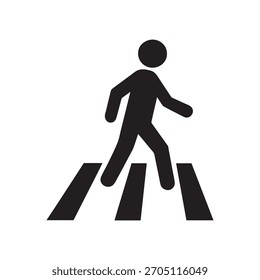 Fußgängerübergang, Symbol, Vektorgrafik. Person, die auf einer Zebra-Crosswalk-Silhouette läuft, einzeln auf weißem Hintergrund.
