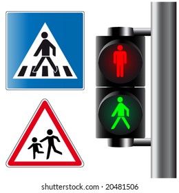 pedestrian crossing, 	pedestrian light, traffic sign, stop light