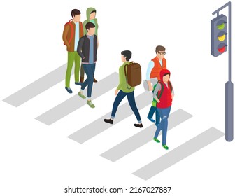Pedestrian crossing on street. Crosswalk with pedestrians. Men and women crossing city road. Movement and transportation in town. Track with road marking and traffic light vector illustration