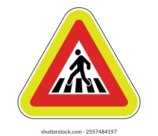 Pedestrian Crossing Road Sign Featuring a Triangular Shape with a Yellow Border, a Red Inner Triangle, and a Black Silhouette of a Person Walking on a Zebra Crossing, Available as a Vector File