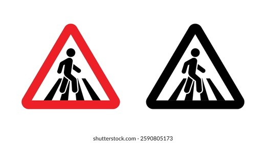 Pedestrian crossing road sign. Warning sign pedestrian crossing. Traffic sign pedestrian crossing. Red and black triangle with silhouette man walking along crosswalk inside. Road sign.
