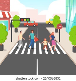 Pedestrian crossing the road with traffic light and crosswalk vector illustration